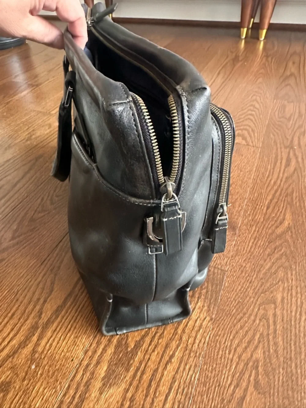 Tumi Black Leather Briefcase Tote with Front Zip Pockets